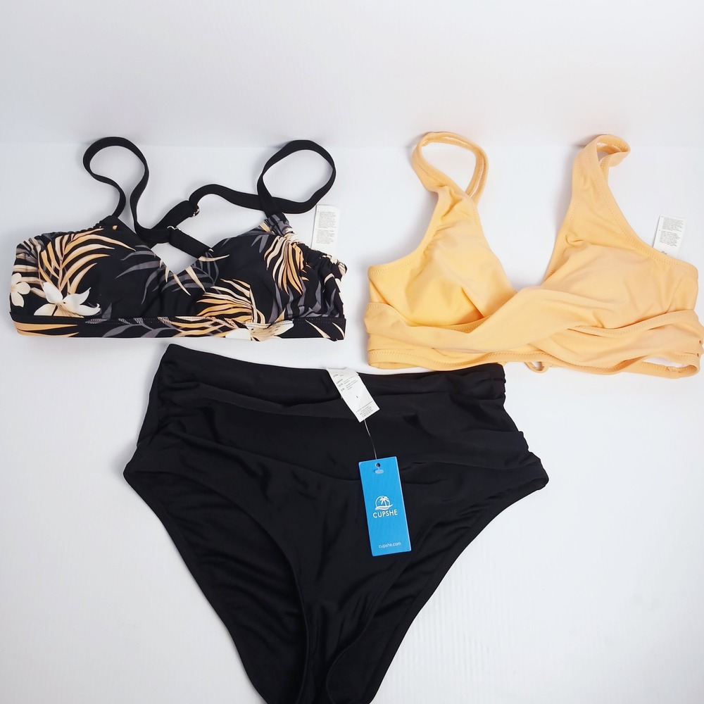 Cupshe Womens 3 Piece Bikini Set Tropical Floral Peach High Waist Black Med New